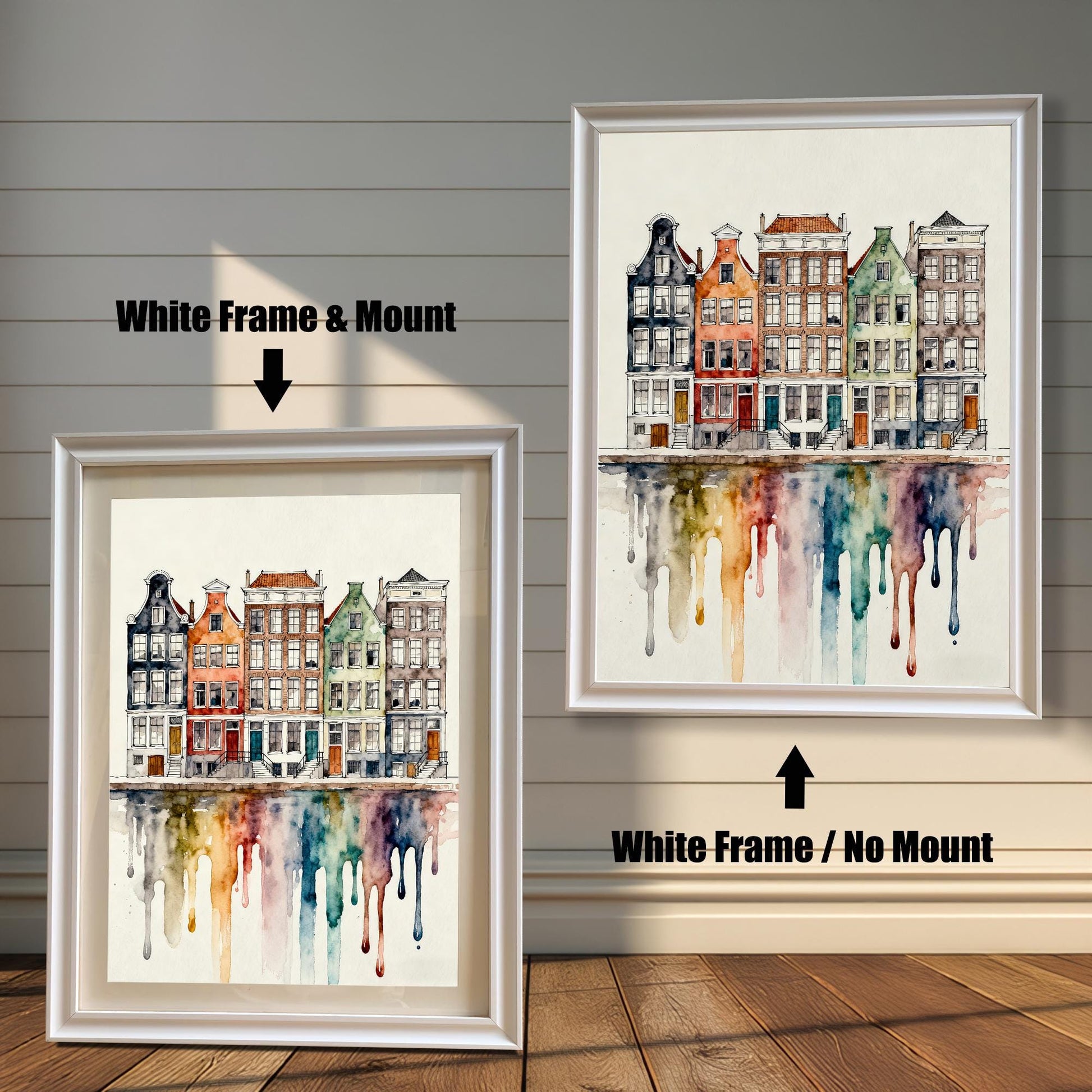 Comparison image showing the watercolor cityscape print in a White Frame & Mount (with white border/mat) on the left, and a White Frame / No Mount (without border) on the right.