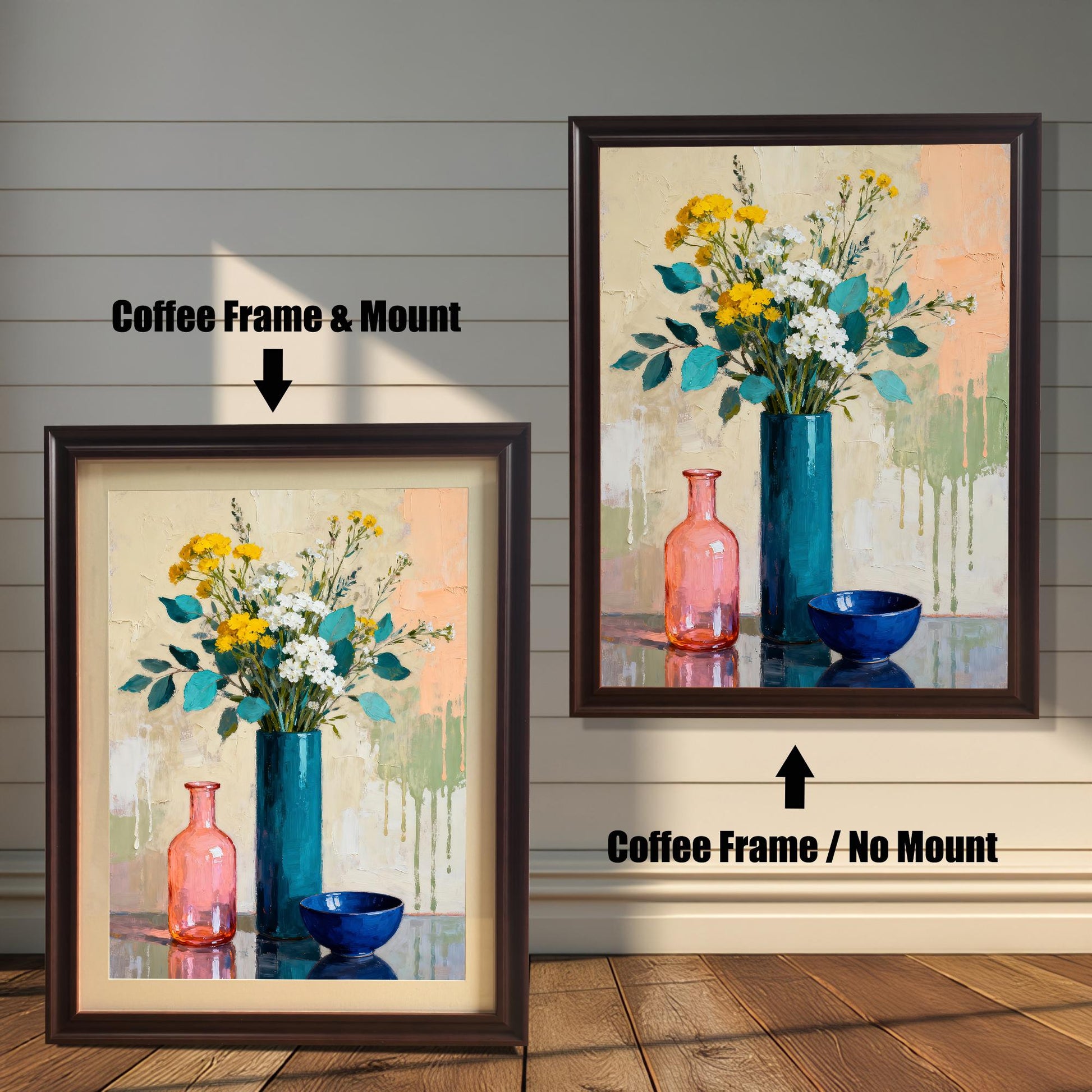 Comparison of a Coffee-framed print with a cream-colored mount (mat) and the same Coffee-framed print without a mount (full print visible).