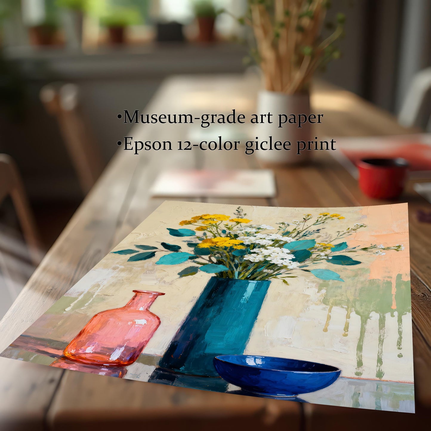 Close-up shot of the art print paper lying on a table, highlighting the quality: Museum-grade art paper and Epson 12-color giclée print.