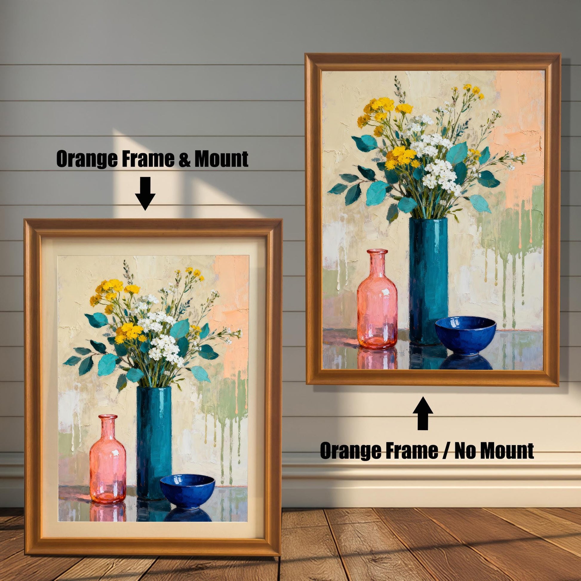 Comparison of an Orange-framed print with a light mount (mat) and the same Orange-framed print without a mount (full print visible).