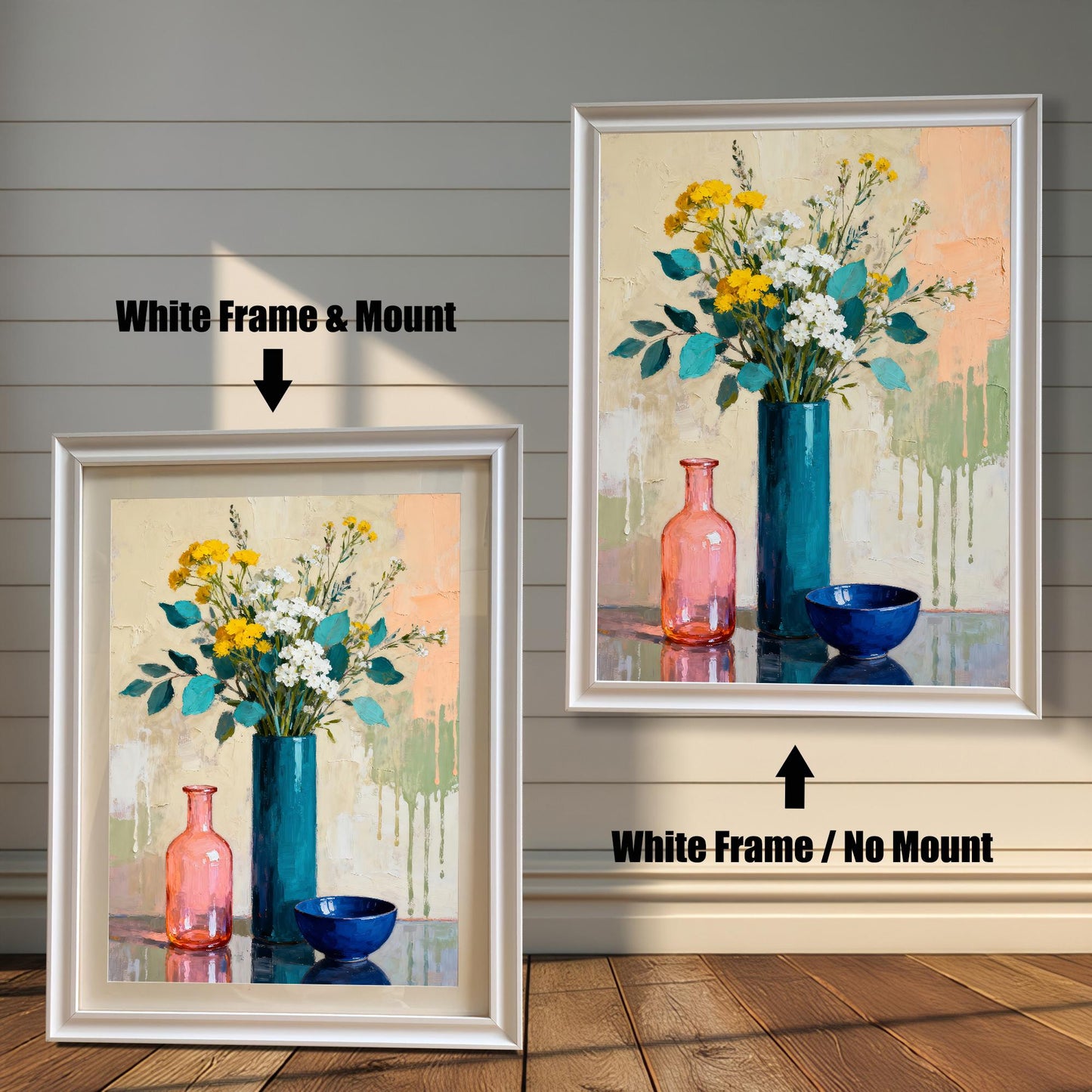 Comparison of a White-framed print with a white mount (mat) and the same White-framed print without a mount (full print visible).