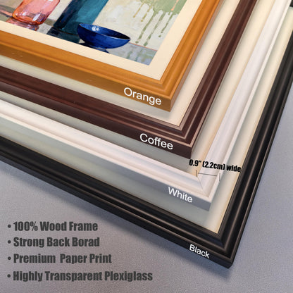 Close-up view of the four available frame color samples: Orange, Coffee, White, and Black. Frame details: 0.9 inches (2.2 cm) wide, 100%-wood frame, premium paper print, and highly transparent plexiglass.