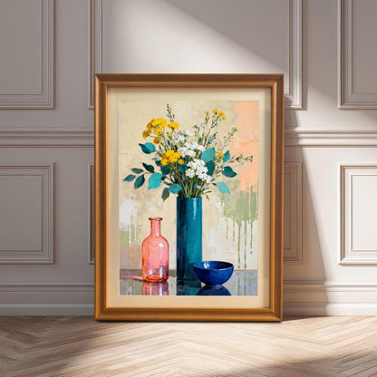 Framed print in an Orange wood frame leaning against a light wall with wainscoting, showcasing the warm tone of the frame.