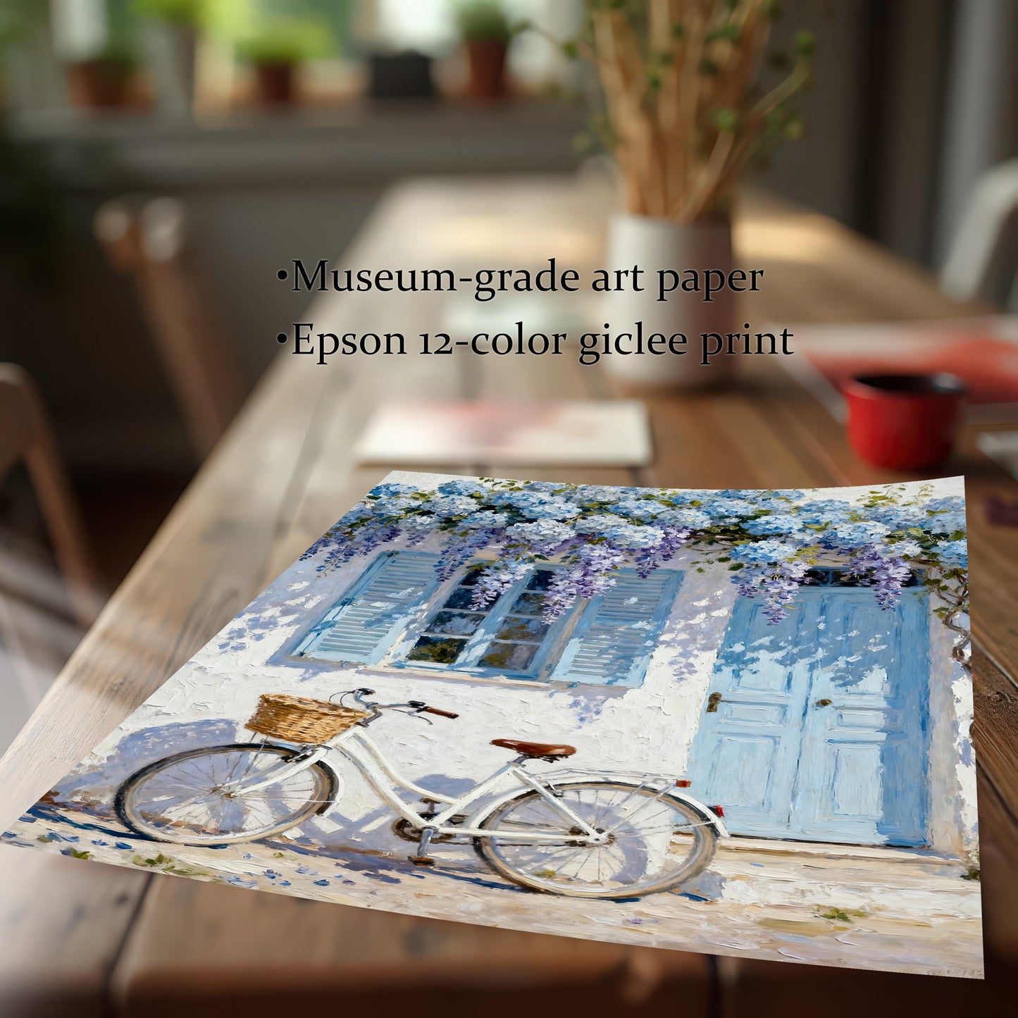 Close-up shot of the art print paper lying on a wooden table, highlighting the quality: Museum-grade art paper and Epson 12-color giclée print.