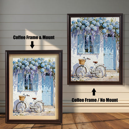 Comparison of a Coffee-framed print with a cream-colored mount (mat) and the same Coffee-framed print without a mount (full print visible).
