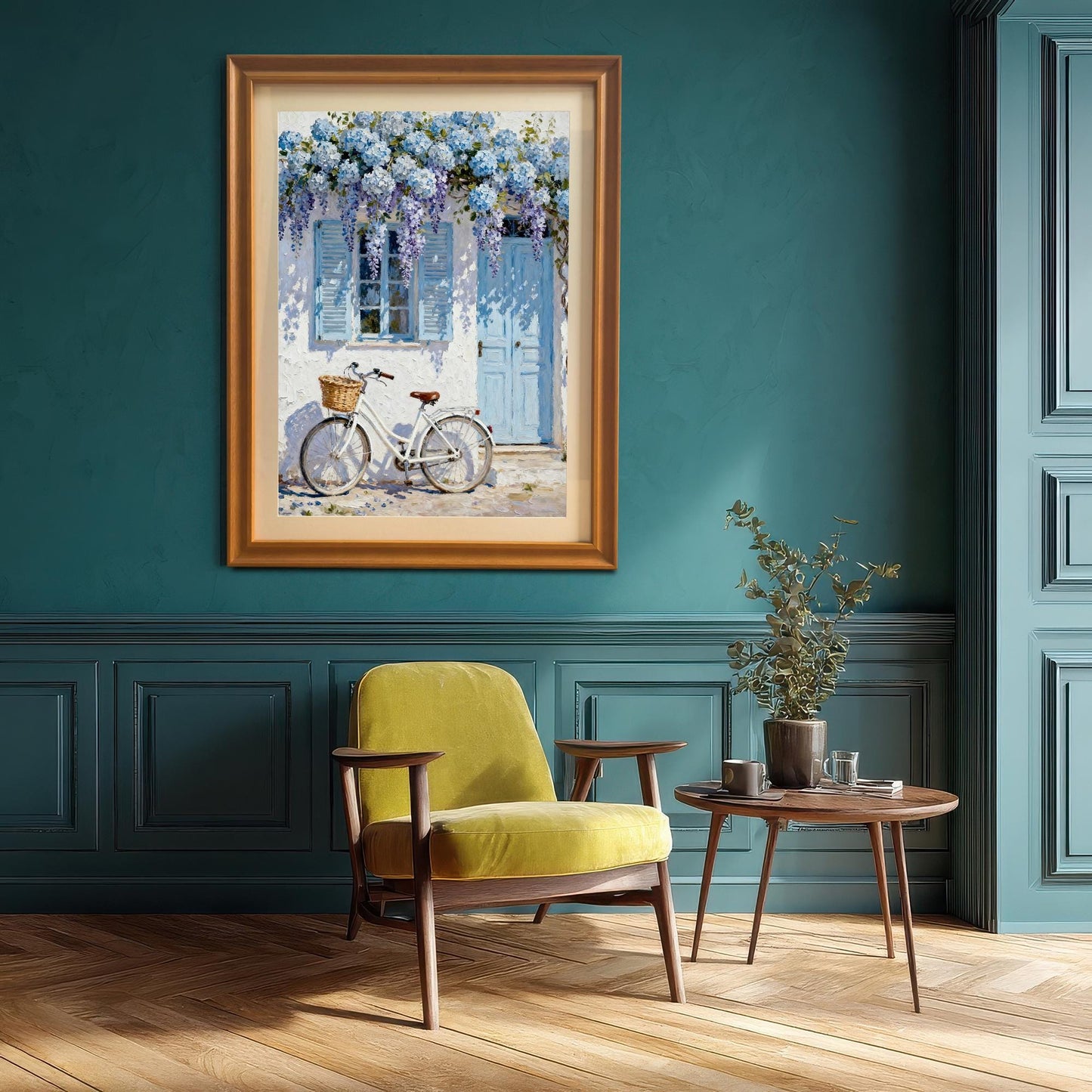 Large framed art print in an Orange wood frame hanging on a dark teal (blue-green) wall above a chartreuse yellow armchair, showing a cozy, stylish living space.