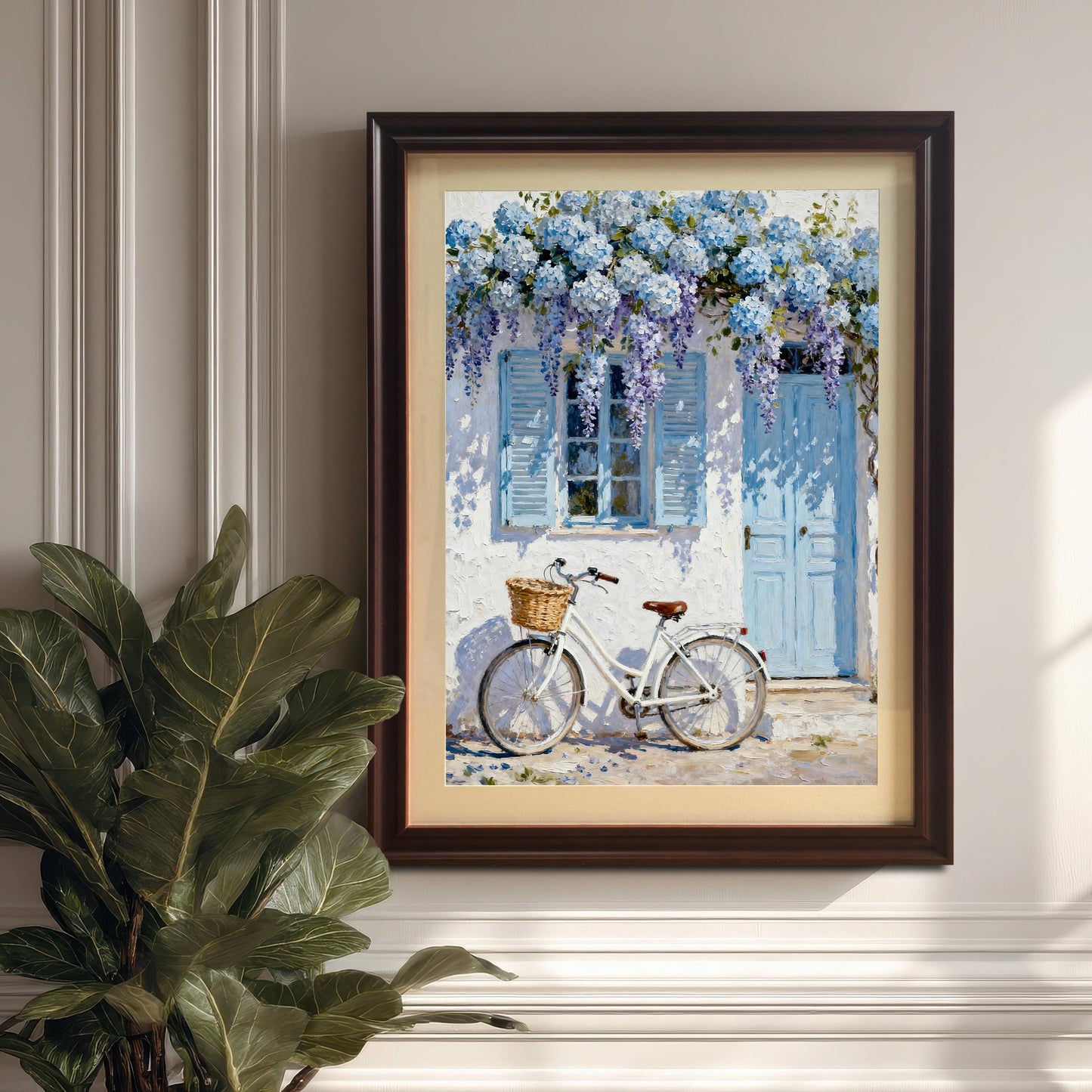 Framed art print in a Coffee wood frame with a mount hanging on a light, paneled wall, with a large houseplant partially visible in the foreground.