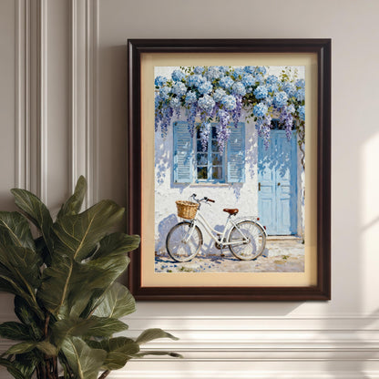 Framed art print in a Coffee wood frame with a mount hanging on a light, paneled wall, with a large houseplant partially visible in the foreground.