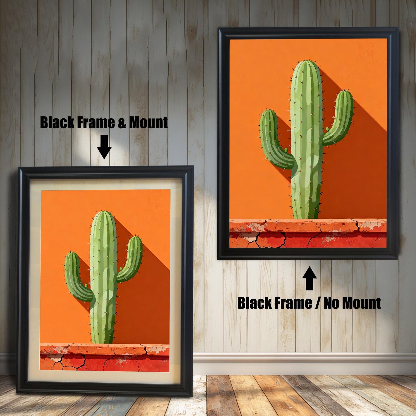 Comparison of a Black-framed cactus print with a light mount (mat) and the same Black-framed print without a mount (full print visible).