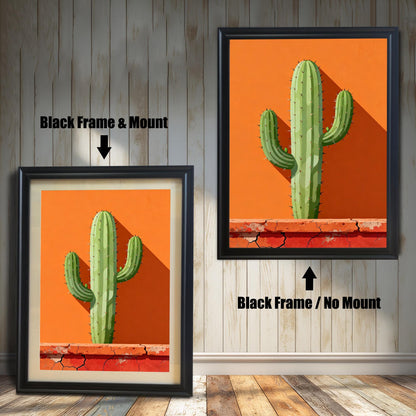 Comparison of a Black-framed cactus print with a light mount (mat) and the same Black-framed print without a mount (full print visible).