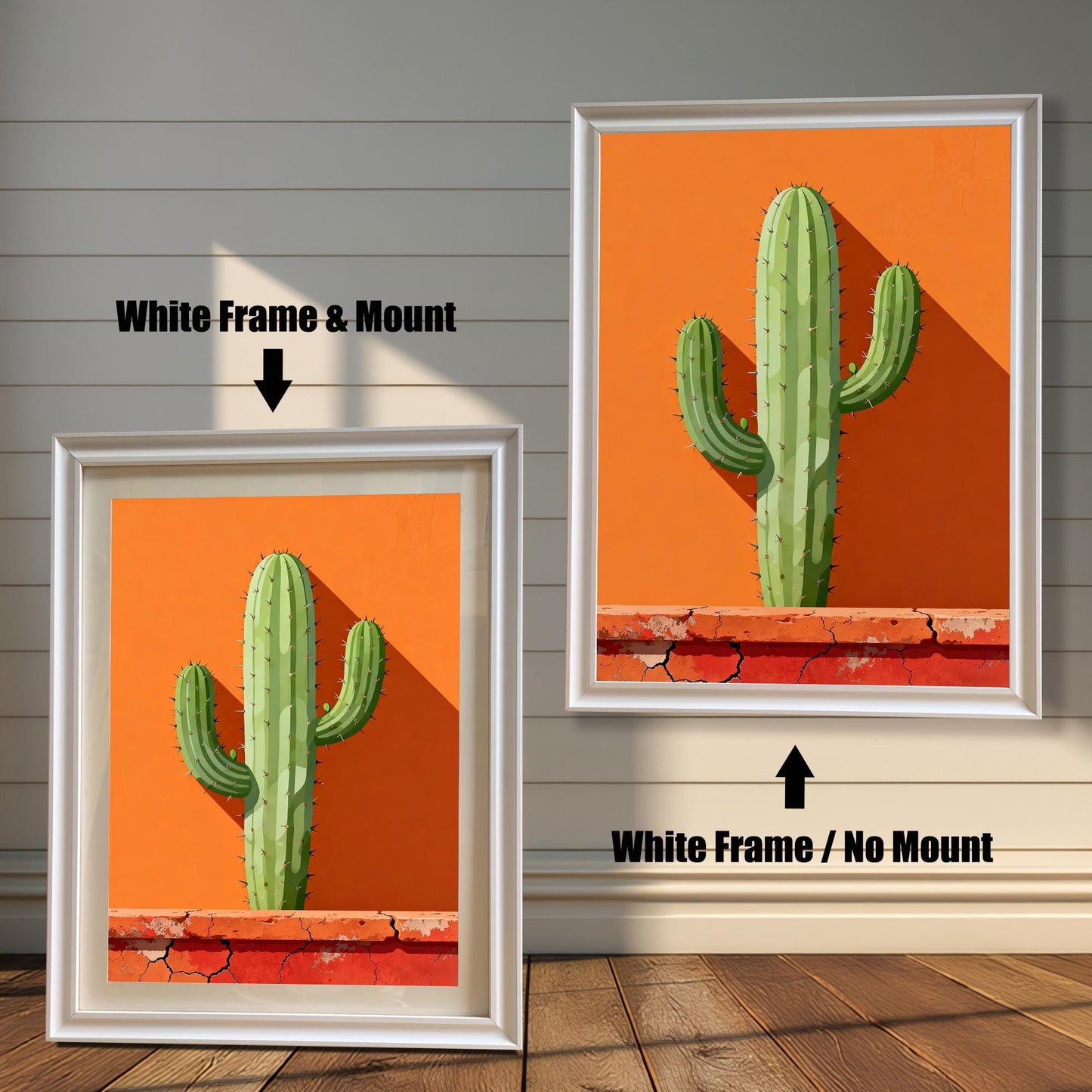Comparison of a White-framed cactus print with a light mount (mat) and the same White-framed print without a mount (full print visible).
