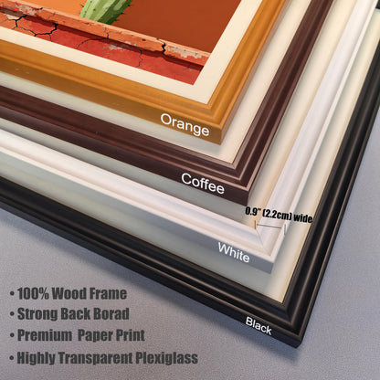 Close-up view of the four available wood frame colors: Orange, Coffee, White, and Black. Frame details: 0.9 inches (2.2 cm) wide, 100%-wood frame, premium paper print, and highly transparent plexiglass.