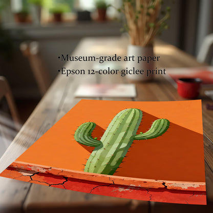 Close-up shot of the unframed cactus art print on a wooden table, highlighting the print quality: Museum-grade art paper and Epson 12-color giclée print.