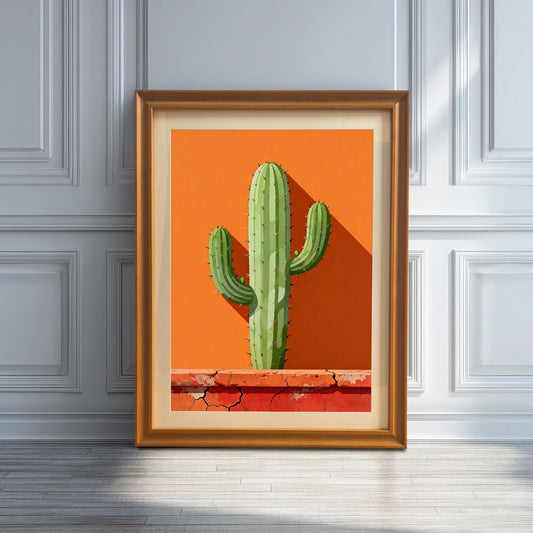 Single framed art print in an Orange wood frame with a mount leaning against a white wainscoted wall, featuring a green cactus against a vibrant orange background with a terracotta base.