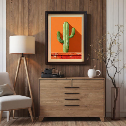 Framed cactus art in a Coffee wood frame hanging above a light wooden dresser, next to a tripod floor lamp, in a room with vertical wood paneling.