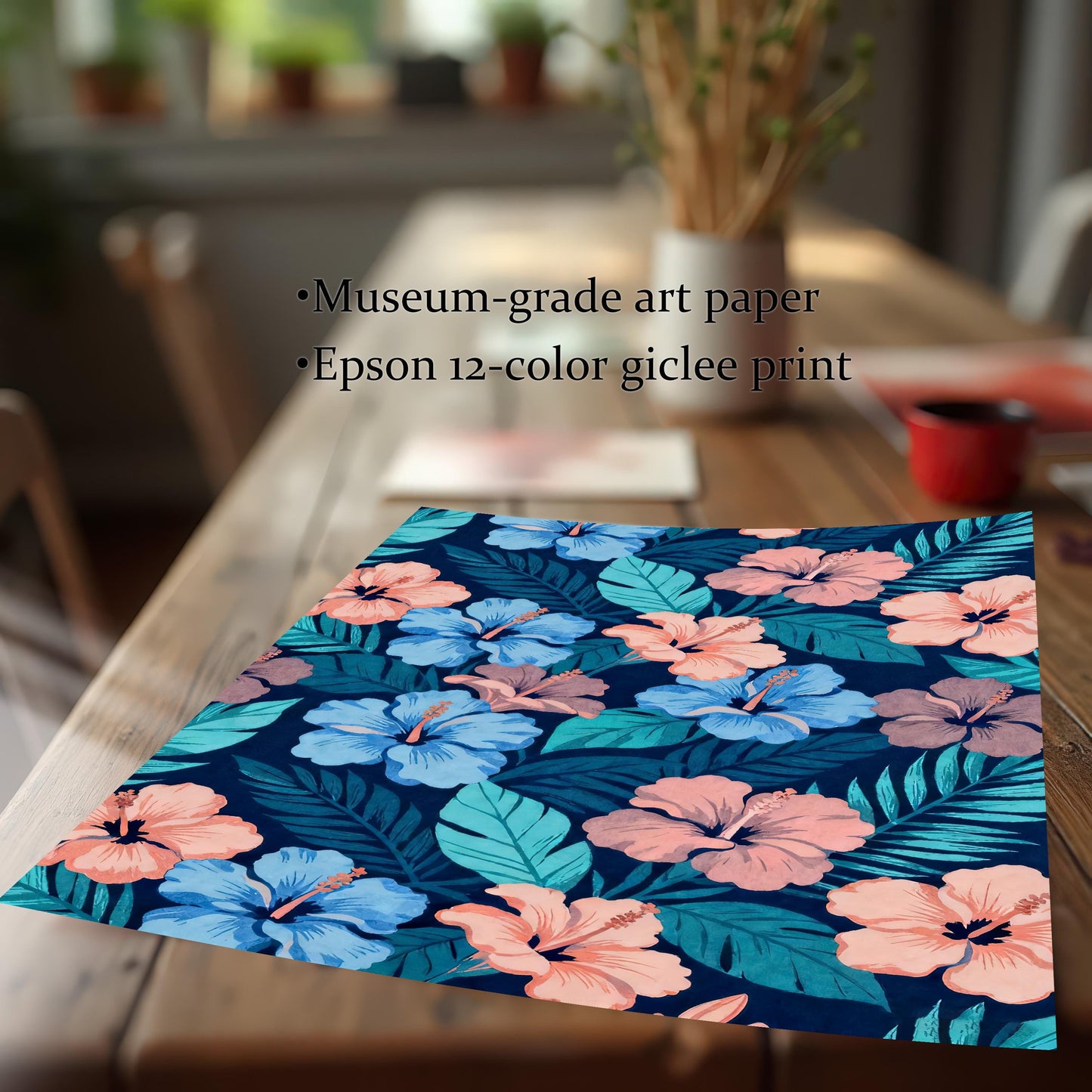 Close-up shot of the unframed tropical art print on a wooden table, highlighting the quality: Museum-grade art paper and Epson 12-color giclée print.