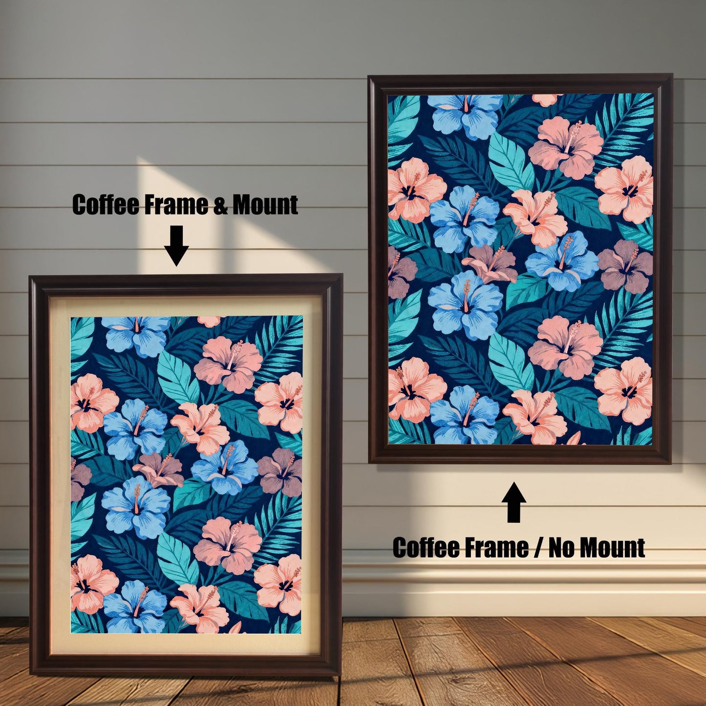 Comparison of a Coffee-framed hibiscus print with a cream-colored mount (mat) and the same Coffee-framed print without a mount (full print visible).