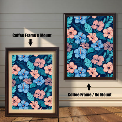Comparison of a Coffee-framed hibiscus print with a cream-colored mount (mat) and the same Coffee-framed print without a mount (full print visible).