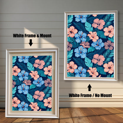Comparison of a White-framed hibiscus print with a light mount (mat) and the same White-framed print without a mount (full print visible).