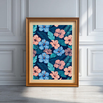 Large framed hibiscus art in an Orange wood frame leaning against a white wainscoted wall, illuminated by sunlight and shadows on the floor.