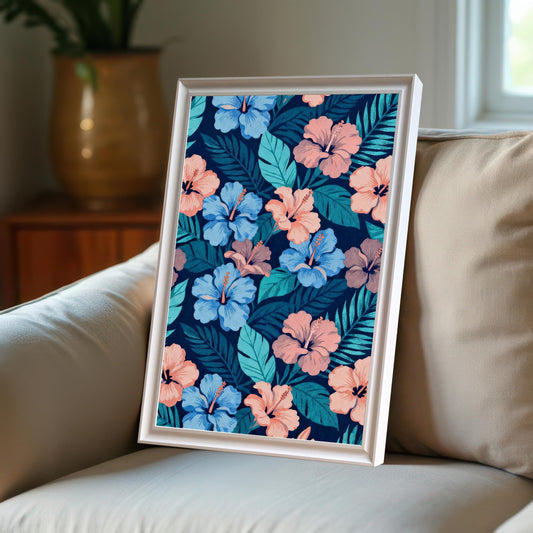 Single framed art print in a White frame leaning on a beige armchair, featuring a seamless pattern of pink and blue hibiscus flowers on a dark background.