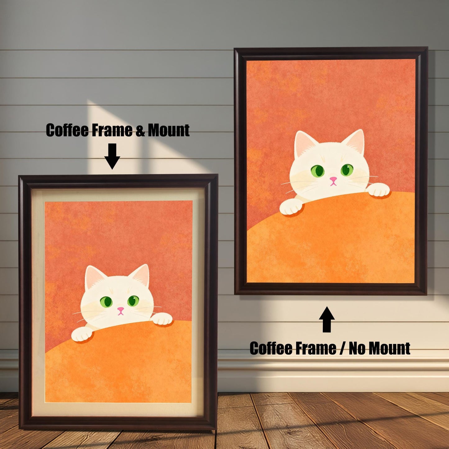 Comparison image showing the cat art print in a Coffee (dark brown) Frame. On the left, a Coffee Frame with a Mount is shown. On the right, a Coffee Frame with No Mount is shown, indicating two framing styles.