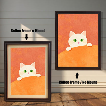 Comparison image showing the cat art print in a Coffee (dark brown) Frame. On the left, a Coffee Frame with a Mount is shown. On the right, a Coffee Frame with No Mount is shown, indicating two framing styles.