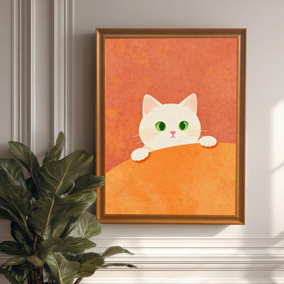 Vertical framed art print showing a cute white cat with big green eyes peeking over a bright orange curved shape, set against a dusty coral-orange background. The frame is a warm wood (Orange or Coffee color), hung on a white wainscoting wall next to a large potted plant.