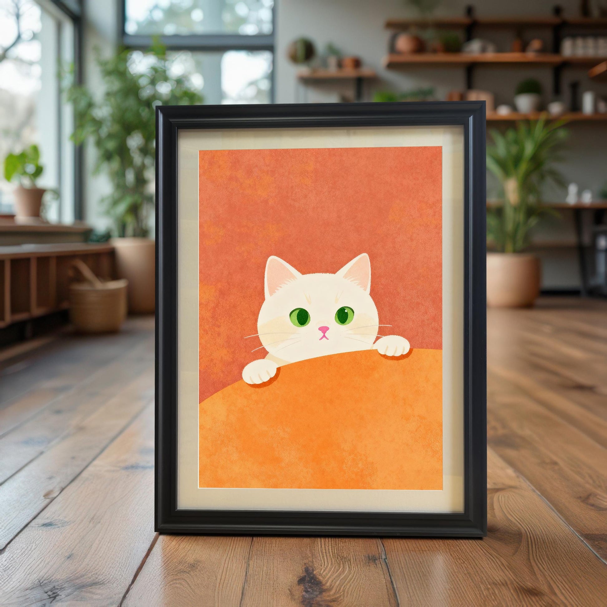 The white cat art print, framed in Black with a Mount (mat), stands on a wooden floor. The setting is a bright, modern room featuring a large window and many potted green plants, creating a welcoming, nature-filled backdrop.
