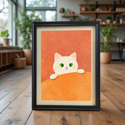 The white cat art print, framed in Black with a Mount (mat), stands on a wooden floor. The setting is a bright, modern room featuring a large window and many potted green plants, creating a welcoming, nature-filled backdrop.