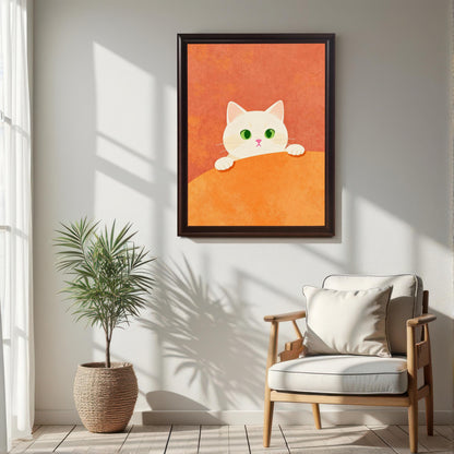 White Cat Peekaboo Print: Orange Peach Wood Frame Art
