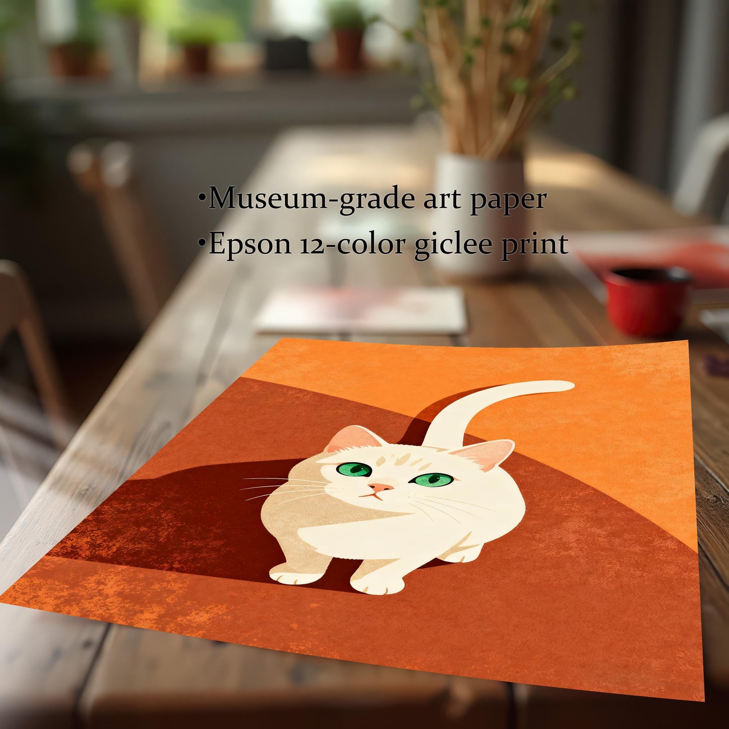 A high-quality print of the white cat looking up artwork resting on a wooden table. Text overlay highlights product features: "Museum-grade art paper" and "Epson 12-color giclee print."