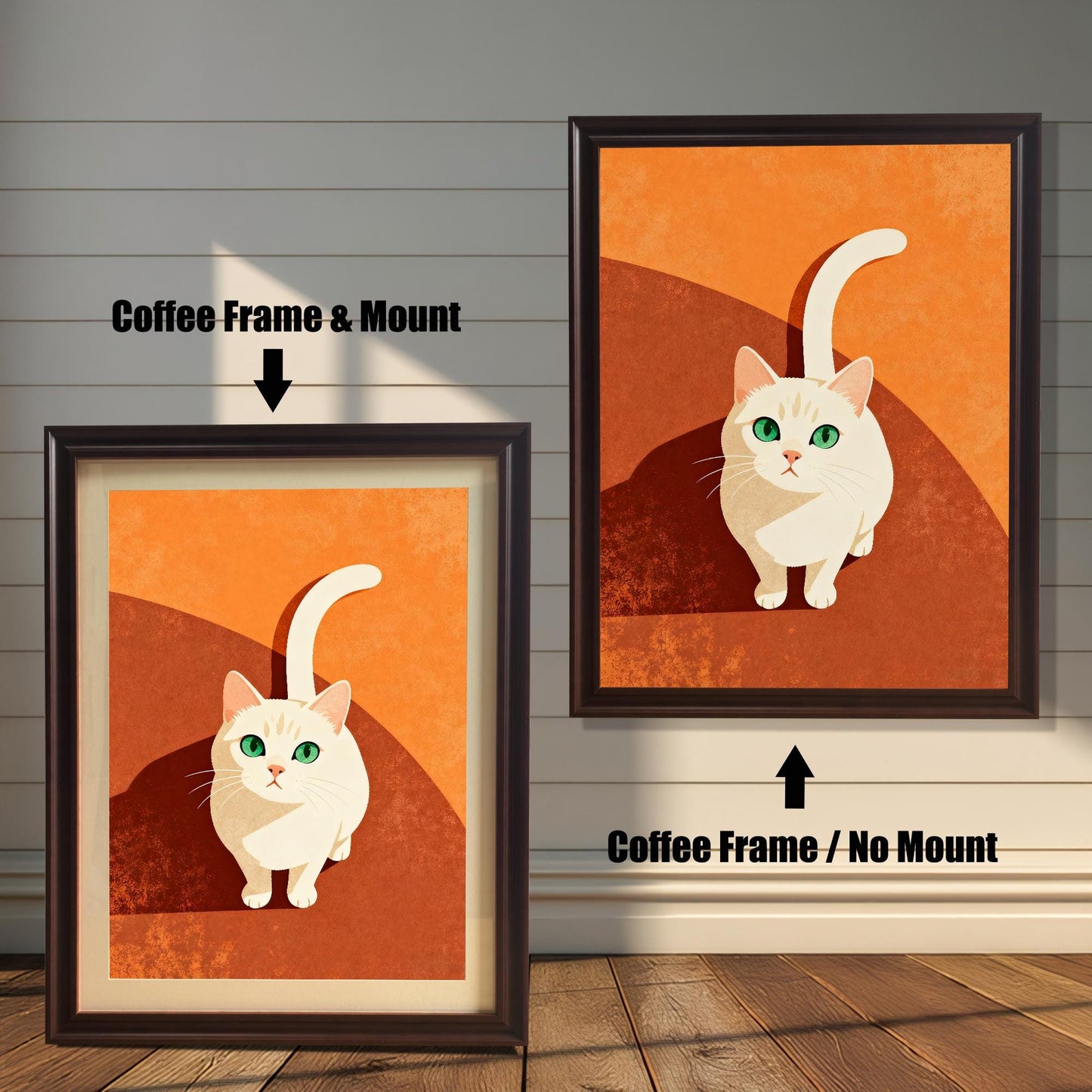 Comparison image showing the cat art print in a Coffee (dark brown) Frame. On the left, a Coffee Frame with a Mount is shown. On the right, a Coffee Frame with No Mount is shown, indicating two framing styles.