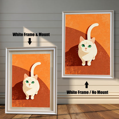 Comparison image showing the cat art print in a White Frame. On the left, a White Frame with a Mount (mat) is shown. On the right, a White Frame with No Mount is shown, indicating two framing styles.