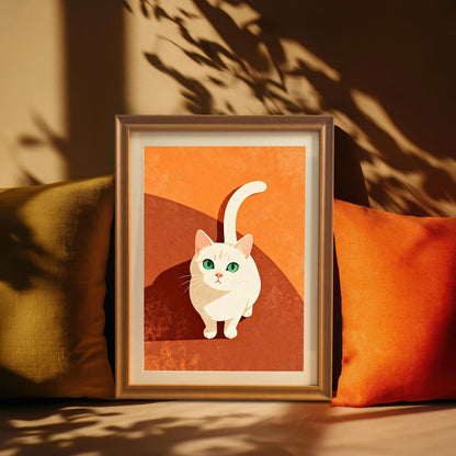 The cute white cat looking up art print in a warm wood frame with a Mount, positioned between a dark olive/gold and a bright orange pillow, set against a warm beige background with dramatic shadows of foliage.