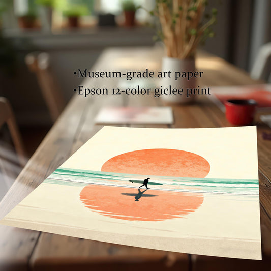 A high-quality print of the surfer sunset artwork resting on a wooden table. Text overlay highlights product features: "Museum-grade art paper" and "Epson 12-color giclee print."