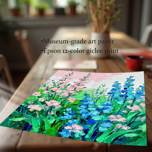 Close-up view of the unframed floral art print lying on a wooden table, emphasizing the print quality. Text on the image states it is a "Museum-grade art paper" and an "Epson 12-color giclee print."
