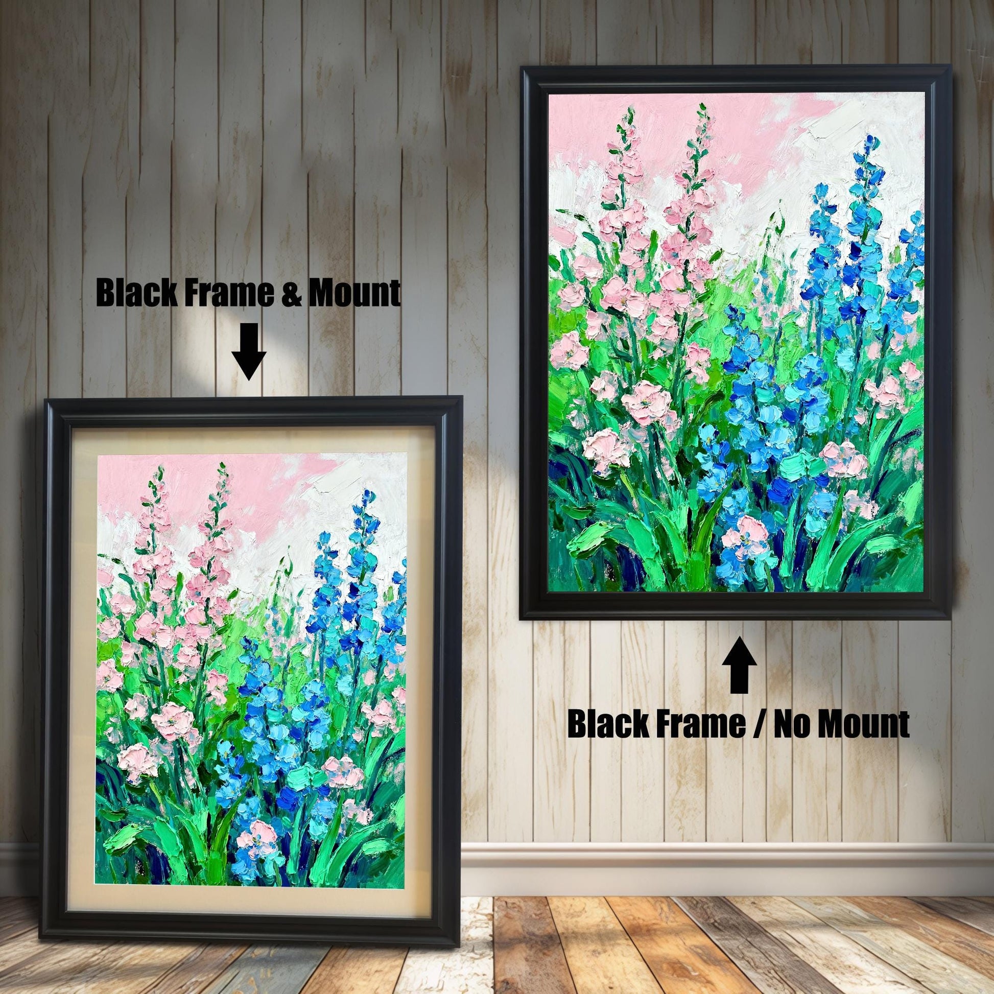 Abstract floral art print featuring pink and blue flowers, shown in two framed options: a Black Frame with a Mount (lighter border/mat) on the left, and a Black Frame with No Mount on the right.