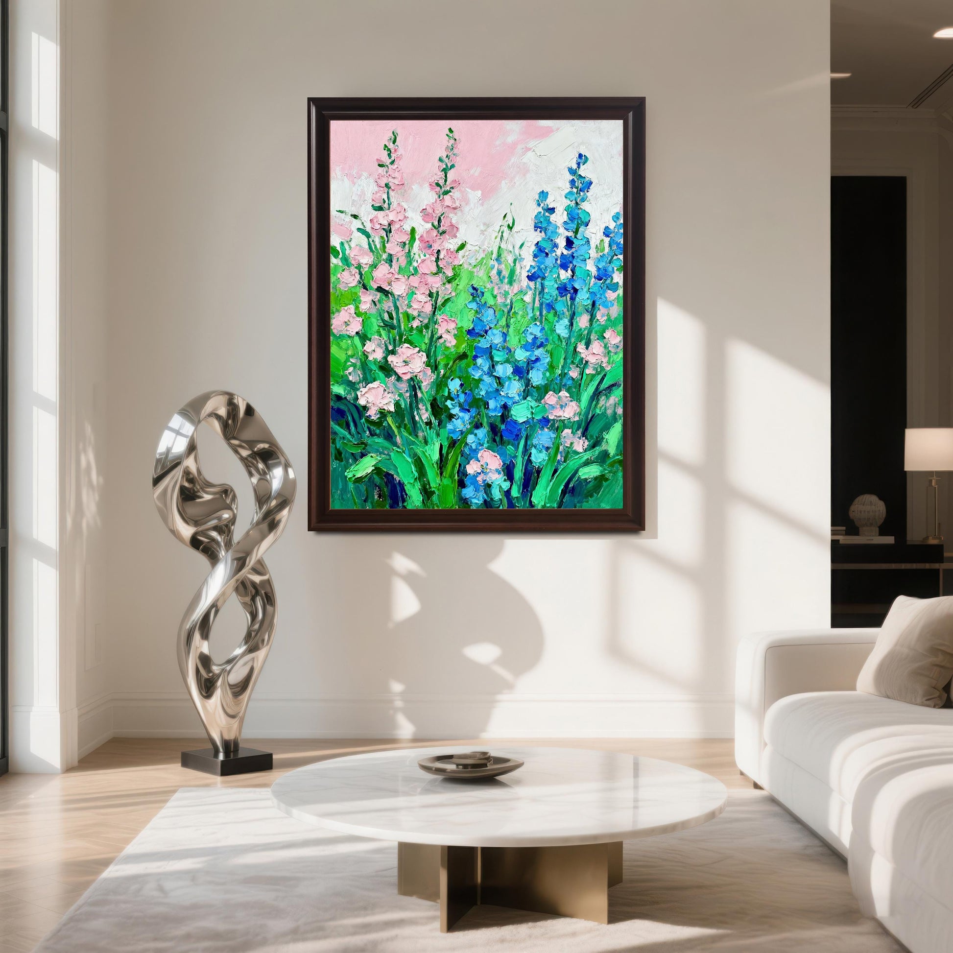 Styled photo of the floral art print in a Dark/Coffee frame with no mount, hanging on a light wall above a white marble coffee table and modern white sofa in a bright, contemporary living room.