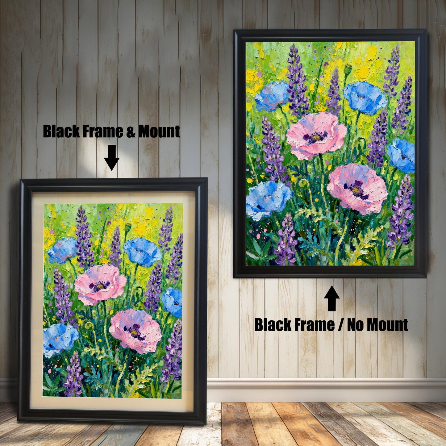 Abstract floral art print featuring pink poppies, blue poppies, and purple lavender on a vibrant yellow-green background. Shown in two framed options: a Black Frame with a Mount (lighter border/mat) on the left, and a Black Frame with No Mount on the right.