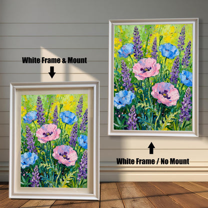 Abstract floral art print featuring pink poppies, blue poppies, and purple lavender. Shown in two framed options: a White Frame with a Mount (lighter border/mat) on the left, and a White Frame with No Mount on the right.
