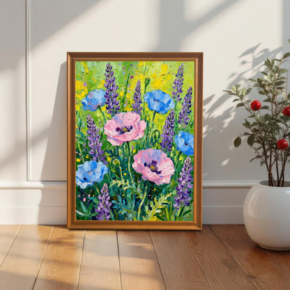 Styled photo of the poppy and lavender art print in an Orange/Brown wood frame, leaning against a white wall next to a houseplant, illuminated by natural light.