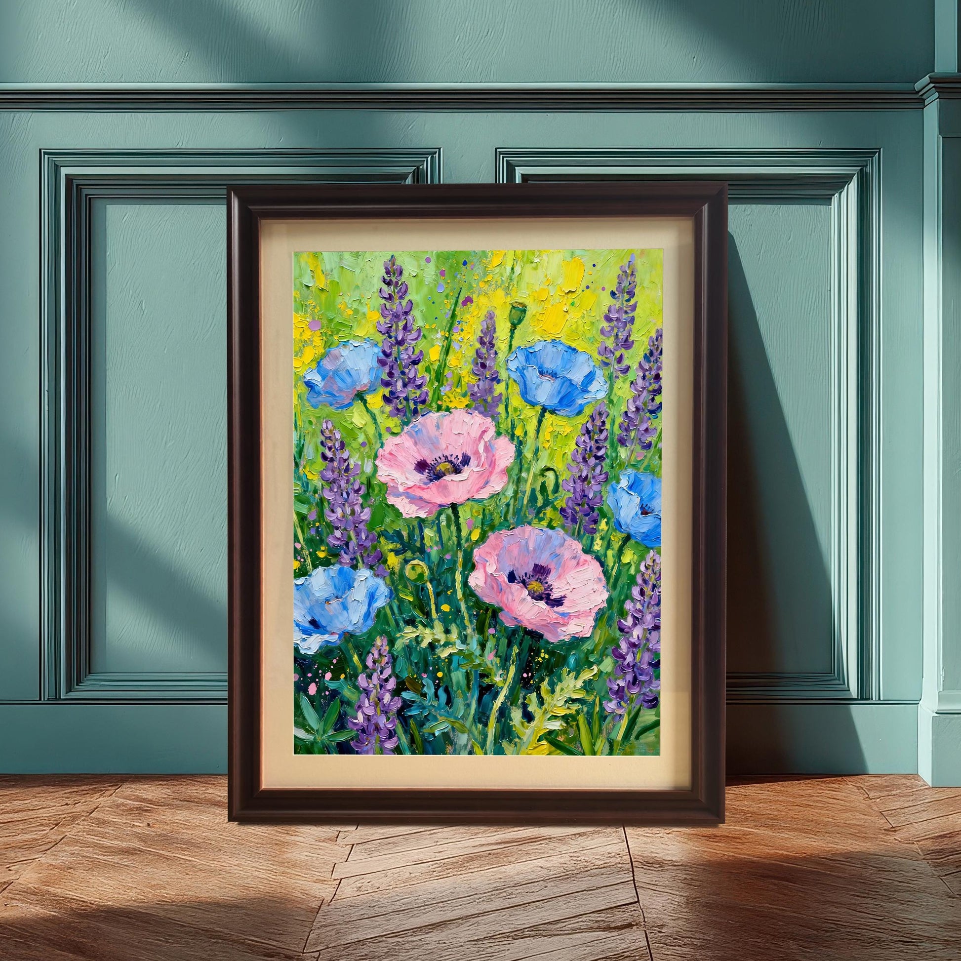 Styled photo of the poppy and lavender art print in a Dark/Coffee frame with a mount, leaning against a teal-colored paneled wall on a wooden floor.