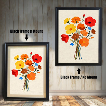 Modern art print featuring a stylized bouquet of red, yellow, and orange flowers on a linen-textured background. Shown in two framed options: a Black Frame with a Mount (lighter border/mat) on the left, and a Black Frame with No Mount on the right.