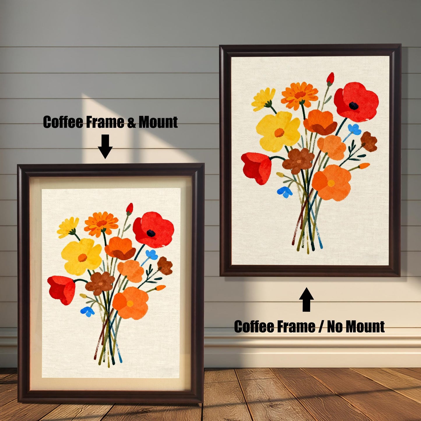 Modern art print featuring a stylized bouquet of red, yellow, and orange flowers. Shown in two framed options: a Coffee Frame with a Mount (lighter border/mat) on the left, and a Coffee Frame with No Mount on the right.
