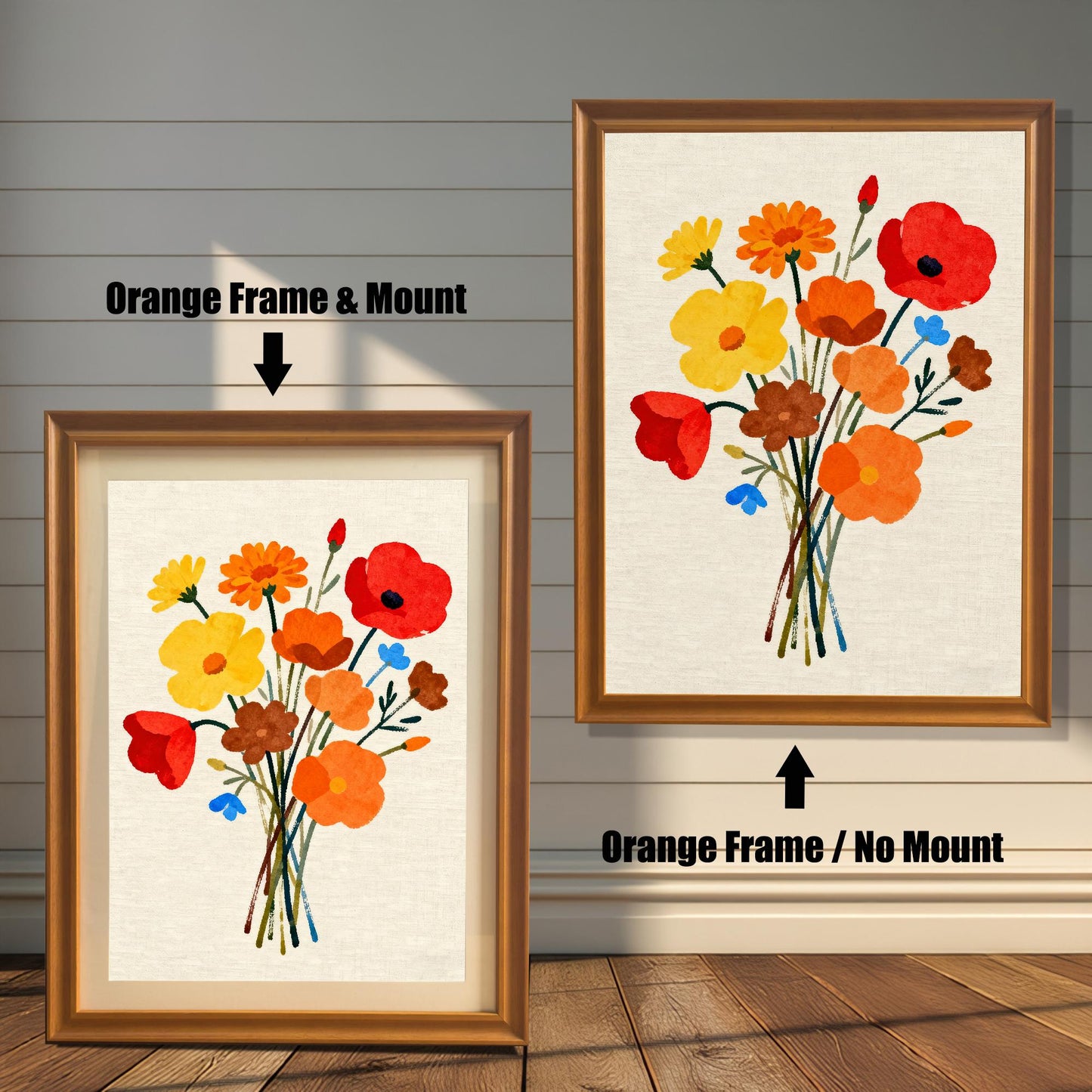 Modern art print featuring a stylized bouquet of red, yellow, and orange flowers. Shown in two framed options: an Orange Frame with a Mount (lighter border/mat) on the left, and an Orange Frame with No Mount on the right.