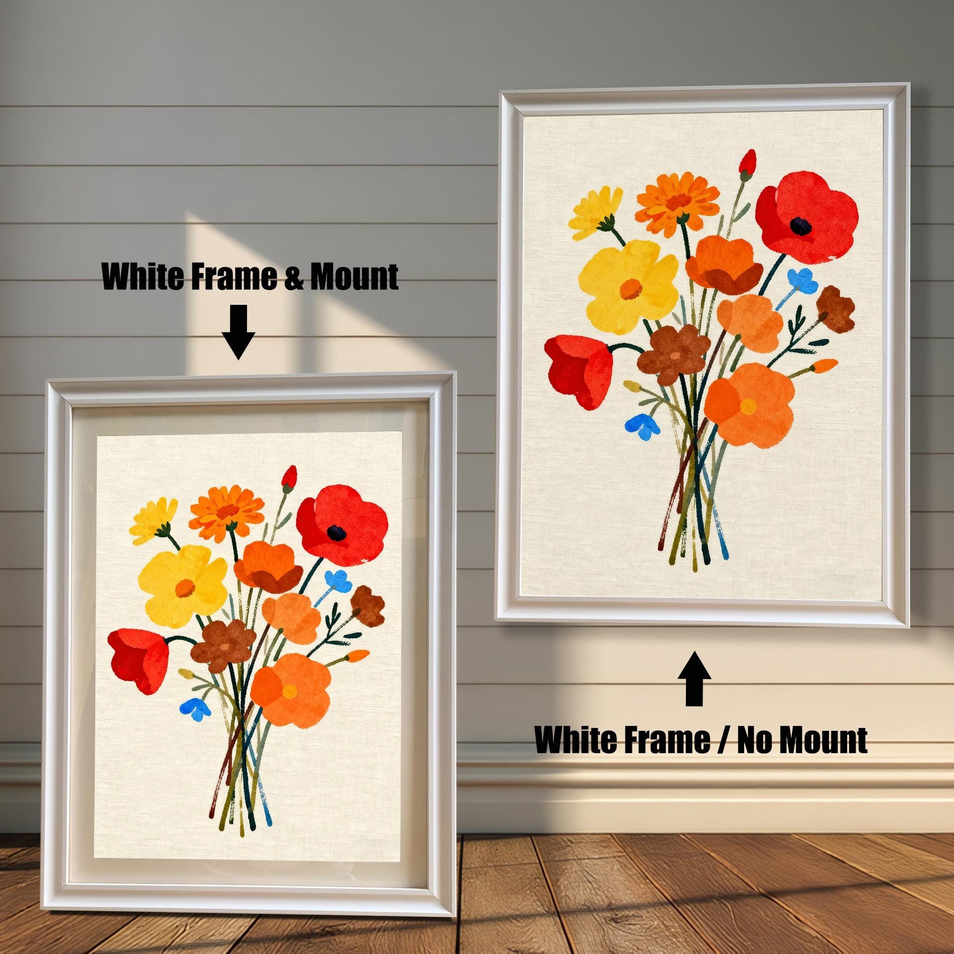 Modern art print featuring a stylized bouquet of red, yellow, and orange flowers. Shown in two framed options: a White Frame with a Mount (lighter border/mat) on the left, and a White Frame with No Mount on the right.