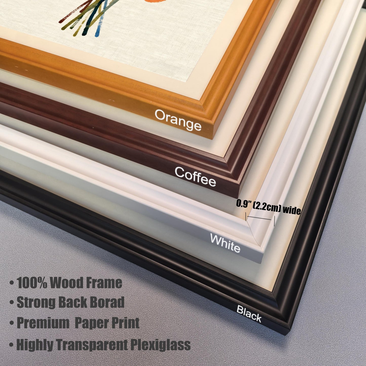 Stacked corner samples of the 0.9" (2.2cm) wide wood frames in four colors (Orange, Coffee, White, Black). Bullet points list features: "100% Wood Frame," "Strong Back Board," "Premium Paper Print," and "Highly Transparent Plexiglass."