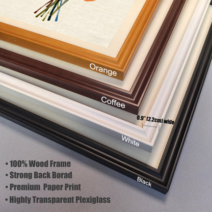 Stacked corner samples of the 0.9" (2.2cm) wide wood frames in four colors (Orange, Coffee, White, Black). Bullet points list features: "100% Wood Frame," "Strong Back Board," "Premium Paper Print," and "Highly Transparent Plexiglass."