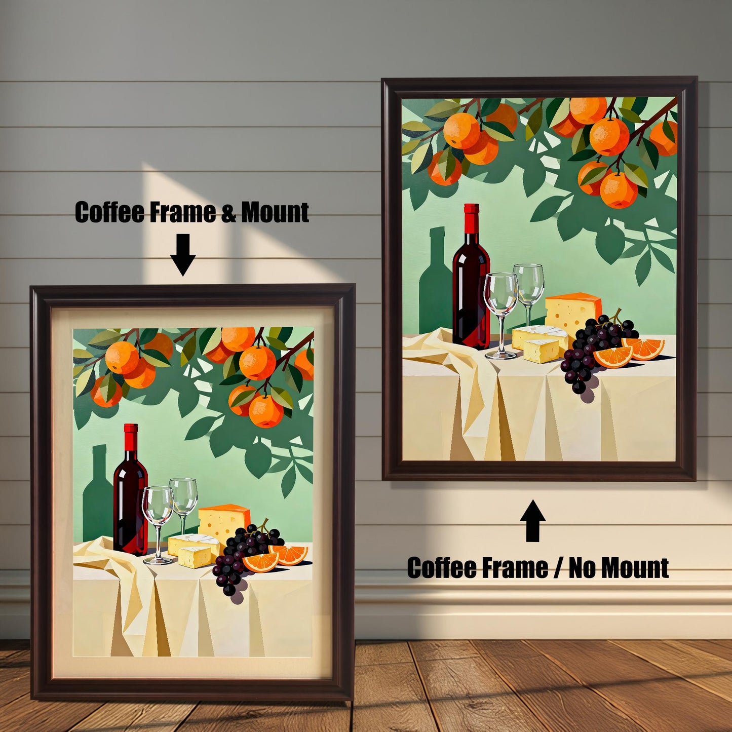 Modern still life art print featuring a wine bottle, glasses, cheese, grapes, and oranges. Shown in two framed options: a Coffee Frame with a Mount (lighter border/mat) on the left, and a Coffee Frame with No Mount on the right.